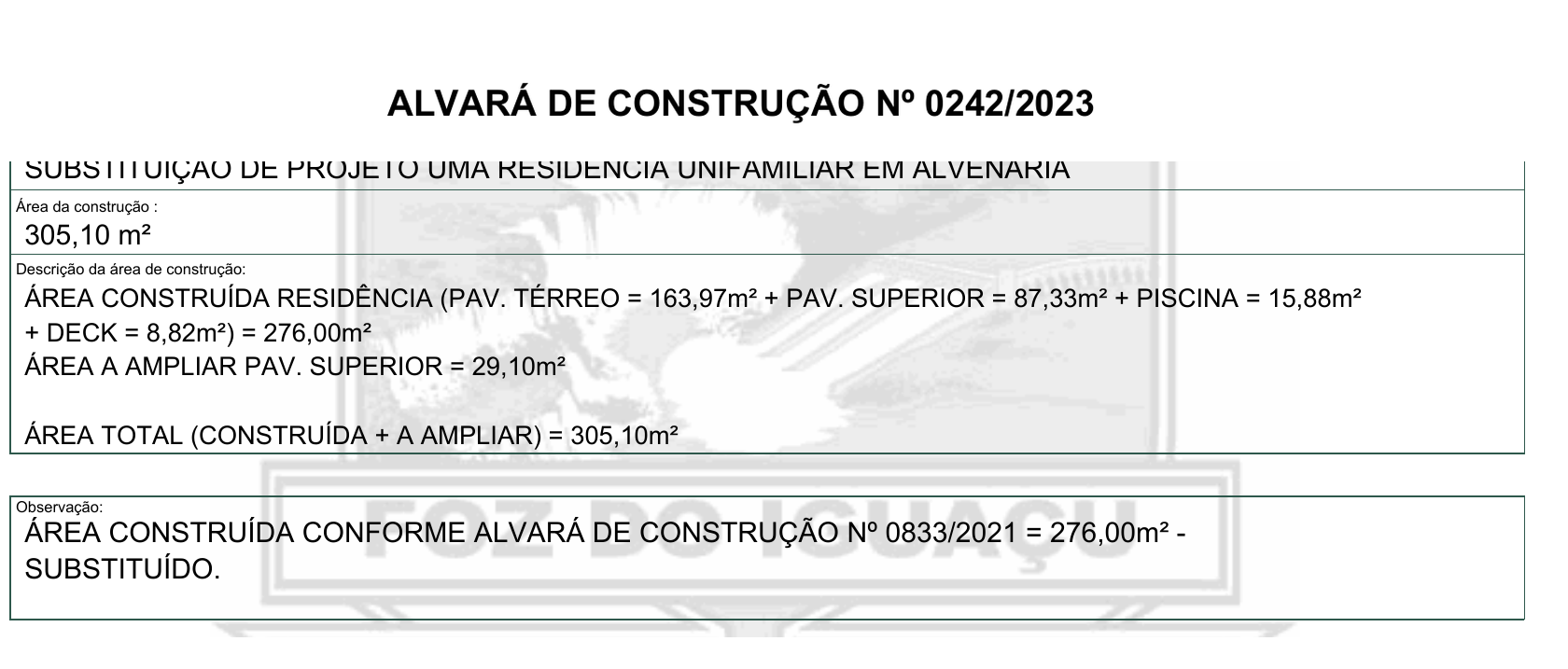 Trecho do alvará de construção mostrando 276,00 m², ampliação de 29,10 m² e área total de 305,10 m²