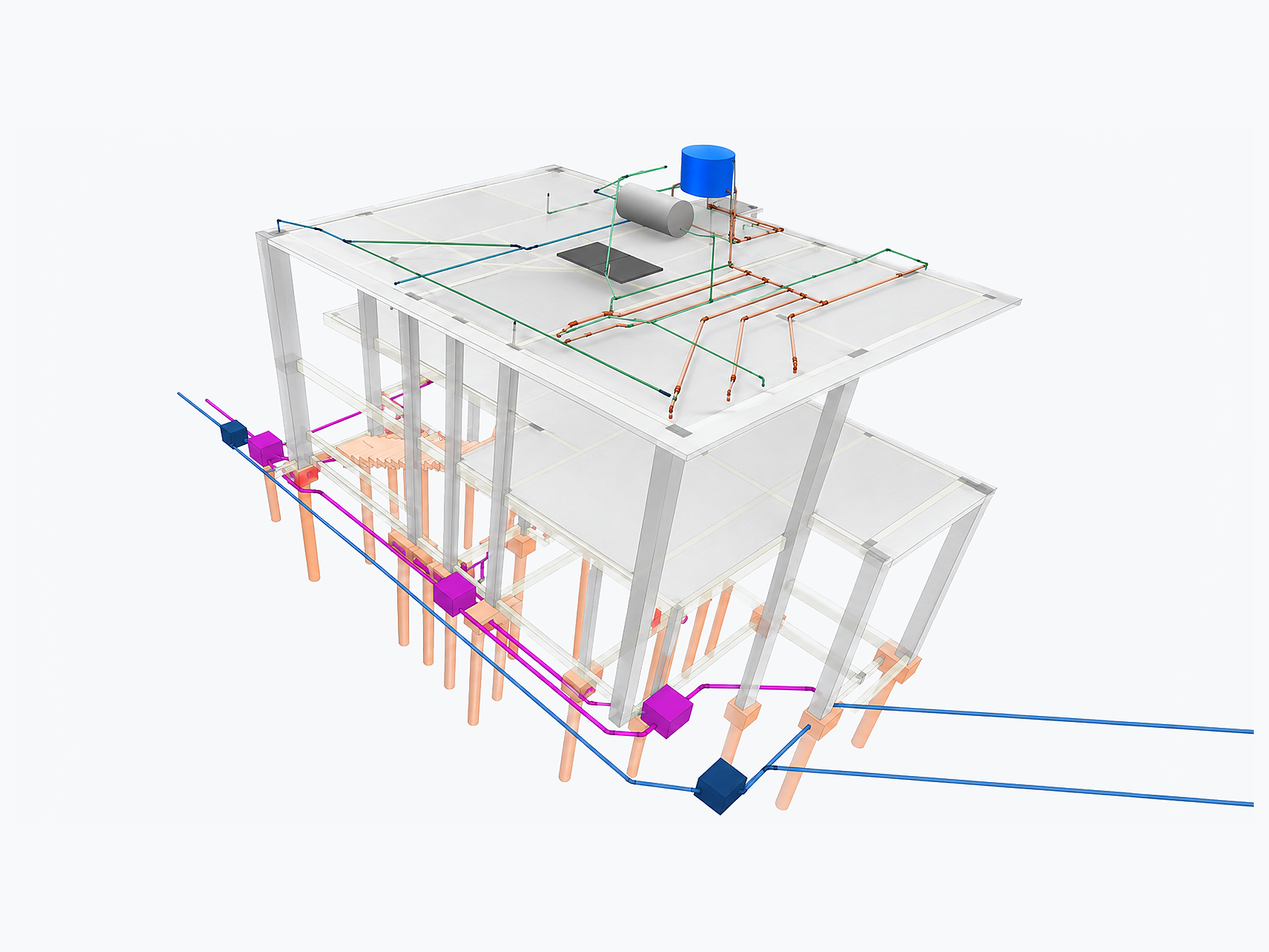 Modelo tridimensional integrado das instalações hidrossanitárias da residência.